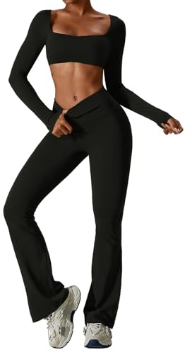 IDOPIP Sport-Set Damen Langarm für Fitness: Zweiteiler Gym Set mit Langarmshirt und Leggings Schlaghose - Sportkleidung für Yoga Pilates Workout