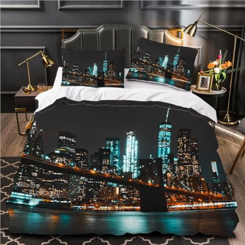 PUOJIEAT Bettwäsche 135x200 New York City Weich Mikrofaser Bettwäsche-Sets New York Nachtansicht Bettbezug mit 1 x Kissenbezug 80x80 cm 3D Bettzeug Set e.6894