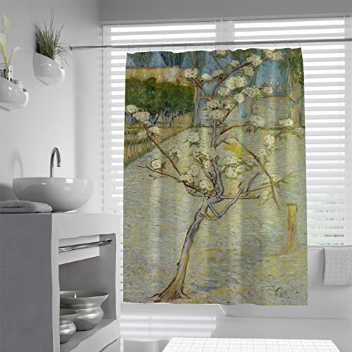 Impressionist Garden Shower Curtain - Plum Tree Bloom, Creamy White Floral Design, Apricot Yellow, Japanese Décor, Waterproof Fabric, W72xL78in - Elegant Bathroom Upgrade