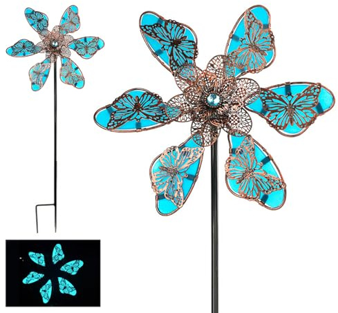 Windspiel Gartenstecker, Nachleuchtendes 3D Kinetischer Metall Windrad | Blau Dekoratives Windmühle für Garten, Terrasse und Rasen