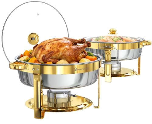 WARMOUNTS 6L Chafing Dish 2er Set Gold, Speisenwärmer Buffet Rund Edelstahl mit Glasdeckel & Deckelhalter, Warmhaltebehälter Stapelbar für Gastronomie, Catering, Partys & Hochzeiten