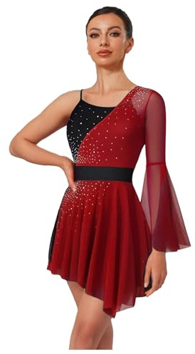 Freebily Vestido Brillante De Patinaje Artístico para Mujer Leotardo Ballet Manga Acampanada Maillot Gimnasia Ritmica Vestido De Baile Lírica