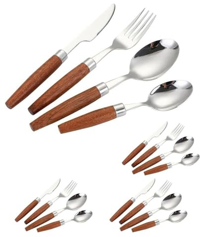Set di Posate con Manico in Legno Unico, Posate da Cucina in Acciaio Inossidabile, Posate da tavola, Coltello da Bistecca, forchetta, Cucchiaio e cucchiaino (Argento, 16 Pezzi)