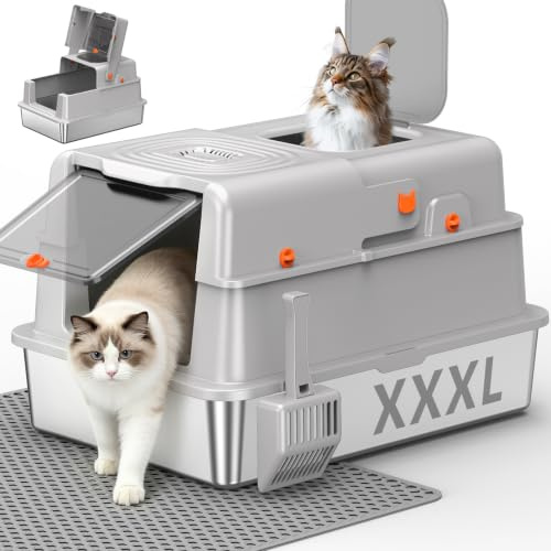 Edelstahl Katzentoilette Geschlossen XXXL Geruchsfilter, Hellgrau | Doppeltür Für Leichten Zugang, Antihaftbeschichtet, Leicht Zu Reinigen, Langlebig, Kratzfest, Stabil Für Große Katzen