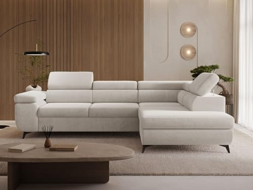 GRAINGOLD Argon L Ecksofa modern mit Bettfunktion, 255x190 cm, L-Form Sofa, Schlafcouch für Wohnzimmer, Velvet-Stoff, 4-Sitzer Eckcouch, Ecksofa mit Bettkasten (Hellbeige, Rechts)