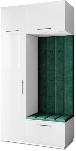 Masseno Flugarderoben Set Rema, Kleiderschrank-Set mit Sitzbank, Garderobenschrank Flur mit 5 Regalböden, Weiß