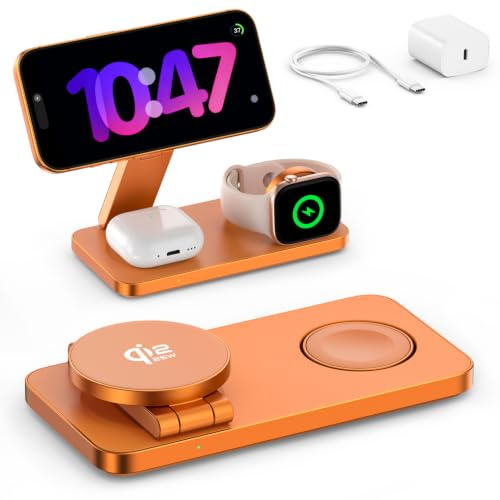 Qi2.2 Ladestation Apple Watch und iPhone, Kompatibel mit Magsafe Ladegerät 25W, 3 in 1 iPhone Ladestation für 17/16/15/14/13/12 Series, Apple Watch, AirPods, mit 35W Adapter