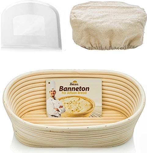 Bread Bosses Oval Bread Banneton Proofing Basket - 10 Inch Baskets Sourdough Banaton Towel for Baking Oval Proofing for Sourdough Bread Making Starter Jar Kit
