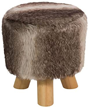 Beliani Rustic Living Room Faux Fur Round Ottoman Wooden Legs Furry Brown Beige Topeka