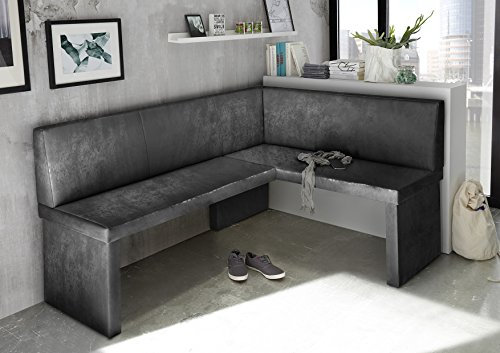 MyStyleWood Eckbank Olga Vintage Schwarz Küchenbank Sitzecke dick gepolstert Kunstleder pflegeleicht stabiles Holzgestell 168x128 cm rechts