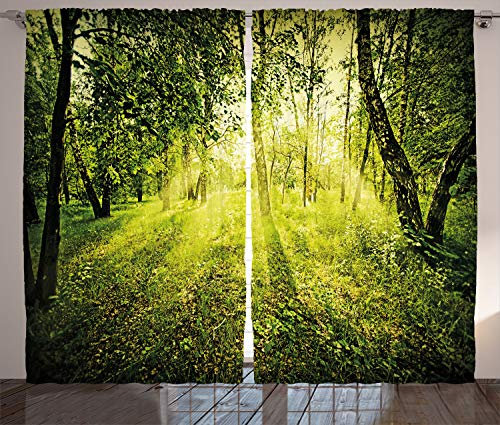 ABAKUHAUS Wald Rustikaler Gardine, Scenic Morgen in der Natur, Schlafzimmer Kräuselband Vorhang mit Schlaufen und Haken, 280 x 245 cm, Grün
