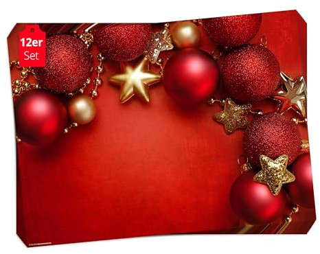 Tischsets - Platzsets Weihnachten Rote und goldene Christbaumkugeln - 12 Stück 44 x 32 cm in Aufbewahrungsmappe - Die besondere Tischdekoration für Weihnachten und Jede Weihnachtsfeier