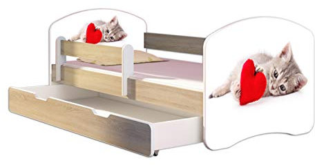 Kinderbett Jugendbett mit einer Schublade und Matratze Sonoma mit Rausfallschutz Lattenrost ACMA II 140x70 160x80 180x80 (40 Katze mit Herz, 180x80 + Bettkasten)