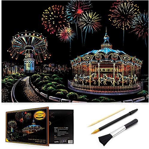 Scratch Art Rainbow Malpapier, Skizzenblock DIY Night View Scratchboard für Kinder & Erwachsene, Gravur Art & Craft Set, Scratch Painting, 16 '' x 11,2 '' mit 3 Werkzeugen (Vergnügungspark)