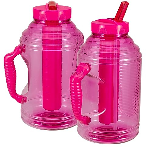 COOL GEAR 2-Pack 80 oz Big Freeze Sports Water Bottle with Freezer Stick and Handle | Hydrating Colored Water Bottle - Pink