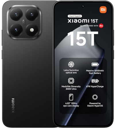 XIAOMI 15T, Smartphone 12+512GB, 6.83 120Hz Eye-care Display, MediaTek Dimensity 8400-Ultra, 50MP Leica Summilux Optical Lens, 5500mAh, Black, Charger Not Included,2-years warranty