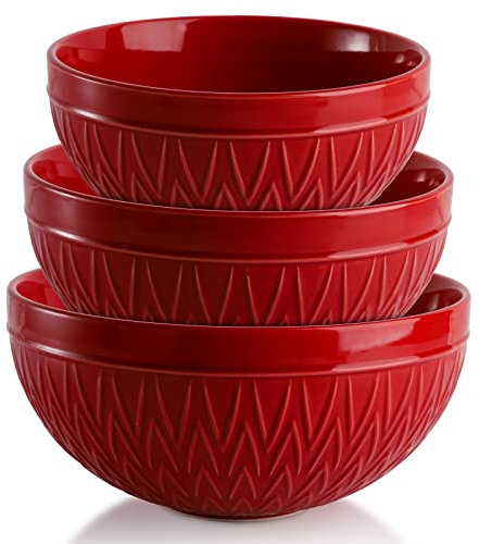 AVLA Porcelain Mixing Bowls for Kitchen, 2.9/1.8/1.2 Qt Ceramic Large Serving Salad Soup Bowl Set, Deep Nesting Bowl for Space Saving, 3-Piece Set, Microwave and Dishwasher Safe, Red
