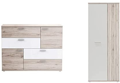 Forte Skive Kommode mit 2 Türen und 4 Schubkästen, Holzwerkstoff, Sandeiche/Weiß, 124.9 x 41.3 x 95.9 cm & Net106 Mehrzweckschrank mit 2 Türen, Sandeiche + Weiß, 68.90 x 34.79 x 179.1 cm