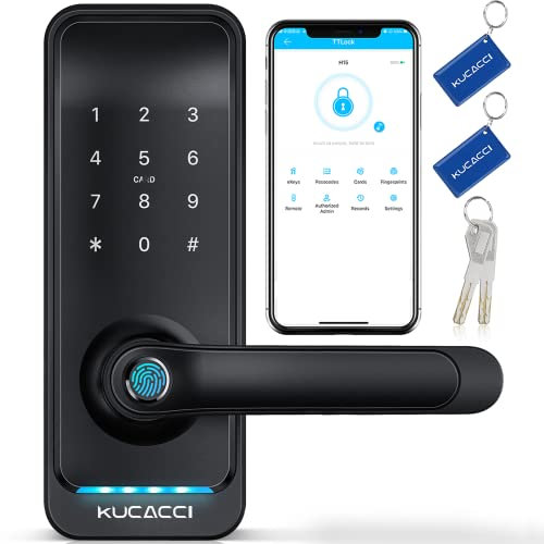 Serrure de porte intelligente avec poignée : Kucacci Serrure de porte numérique sans clé pour porte d'entrée – Clavier à empreintes digitales Smart Dnob – Générer un code d'accès à distance – Contrôle