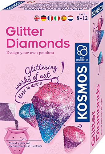 KOSMOS 616946 Glitzer-Diamanten, Funkelnde Schmuck-Anhänger gestalten, mit Gießformen, Schmuckbändern, Glitzer, Granulat in 3 Farben, Experimentierset für Kinder von 8-12 Jahren, Multisprache