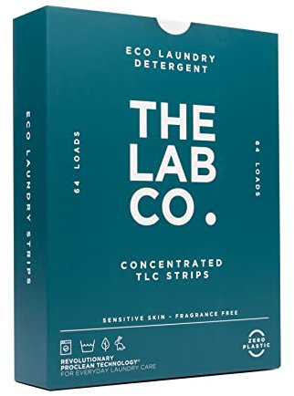 The Lab Co. Laundry Detergent Strips Sheets Eco Ultra-Concentrated Non-Bio Fragrance Free Unscented Sensitive Skin. Hand and Machine Washing. For 64 Loads