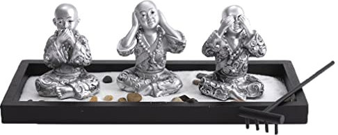 lachineuse - Jardin Japonais 3 Bonzes - Décoration Zen Intérieur Moines Bouddhistes - avec Sable, Pierres & Rateau - Déco Zen pour Bureau - Objet Décoration Asiatique - Idée Cadeau Japonais Asie