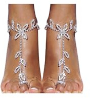 Riymusry 1Pair Summer Beach Rhinestone Leaf Barefoot Sandals Foot Chain with Toe Ring Boho Crystal Anklets Bracelet Wedding Bridal Rhinestone Leaf Foot Chain Jewelry for Women(Leaf-silver)