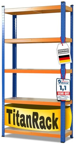 KARAT Scaffalatura per carichi pesanti, 4 ripiani, blu/arancione, 200 x 150 x 80 cm, industriale, a incastro, angolare, per garage, officina, cantina, 1200 kg di portata totale