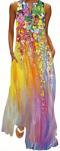 Ocean Plus Robe Longue sans Manches Col V Robe Décontractée Ample avec Poches Latérales Robe de Plage Vacances Femme Tailles S à 5XL