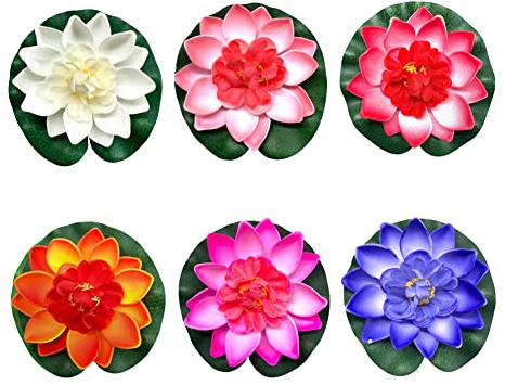 JIHUOO 6 Pcs Large Floating Artificial Lotus with Water Lily Pads - Multi-Color Fish Pond Plants