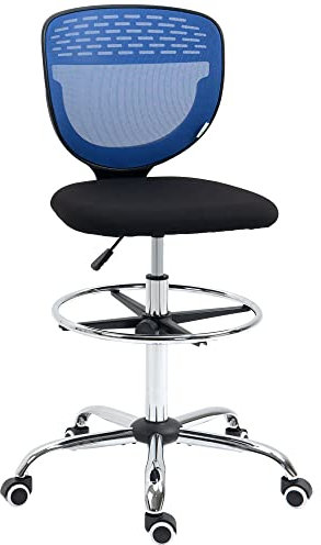 Vinsetto Zeichenstuhl, Drehstuhl, Bürostuhl, Zeichnerstuhl, Netz-Stehstuhl, Schreibtischstuhl mit verstellbarem Fußring, Armlos, Dunkelblau