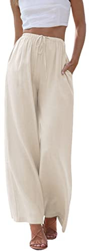 Imuedaen Damen Hosen Sommer Leinen Leicht Casual Locker Leinenhose Freizeithose Palazzo Hose Weite Leg Hose Sommerhose Hohe Taille mit Tunnelzug und Taschen (A Apricot, S)
