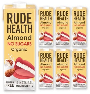 Rude Health 6 x 1 Litre Organic No Sugars Almond Dairy-Alt Milk, 100% Natural Organic Drink, Lactose Free, Dairy Free & Gluten-Free, No Sugars, Award-Winning, Healthy & Vegan