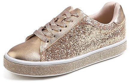 Feversole Moda Scintillio Piattaforma Strass Festa Vacanza Nozze Scarpe da Ginnastica, Oro Rosa, 38 EU