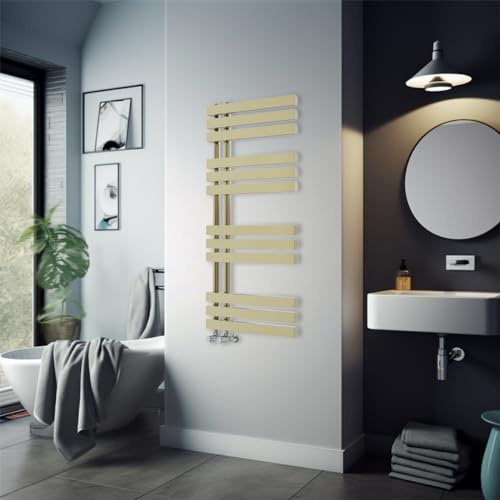 Warmehaus 1200x600mm Brushed Brass Flat Designer Heated Towel Rail Radiator | D Shape Bars, Larger Capacity, for any Bathroom & Kitchen, Premium Mild Steel, Corrosion Resistance, Flat Panel, Wall Mounted