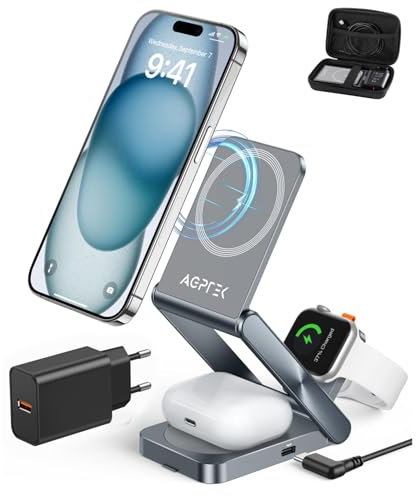 AGPTEK 3 in 1 Magnetische Ladestation, Ultra dünnes, faltbares Ladegerät mit abnehmbarem Uhrenladegerät, Wireless Charger für iPhone 15/14/13/12 Serie, iWatch/AirPods/Galaxy Buds, 18W Stecker