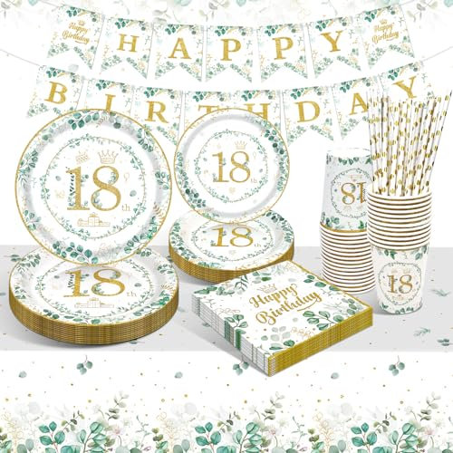 yosiio Grün Partygeschirr Set, Deko 18. Geburtstag Junge Mädchen, Geburtstag Party Geschirr, Pappteller Deko mit Happy Birthday Banner für Geburtstagsdeko Mädchen 18 Jahre 16 Gäste