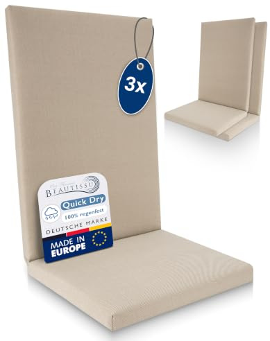 Beautissu 3er Set Premium Hochlehner Auflage 100% Wasserdicht UV-beständig | 120x50cm Beige bequeme pflegeleichte Quick Dry Polsterauflage Sitzkissen Gartenstuhl Gartenmöbel Stuhlauflage Bequem QD-HL