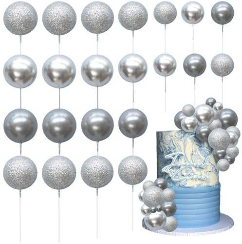 Ephlyn 30Pcs Ball Cake Picks Colorful Ball Shaped Cake Topper Pearl Balls Cupcake Cake Insert Topper for Birthday Party Decoration Supplies Pearl Silver Glitter Silver