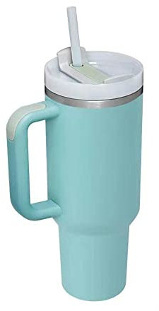 Vaso de 1200 ml con asa, botella de agua de acero inoxidable, taza térmica al vacío con pajita, gran capacidad, taza de café para viaje en coche, verde menta, 1200 ml