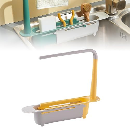 Telescopic Sink, 2024 Updated Telescopic Sink Storage Rack, Teleskop-Spülbecken-Organizer, Abtropfgestell, Erweiterbarer Schwammhalter für die Küche (1, Jaune)