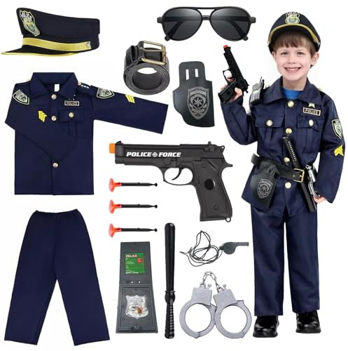 Hengrongshen Disfraz Policia Niño con Esposas Juguete Niños, Funda de Pistola, Silbato, Placa y Otros Accesorios de Juguete, Policia Disfraz Lujo para Halloween de Cosplay (4-6 años)