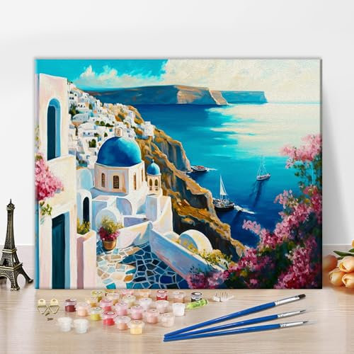 Italien Blaues Gebäude Malen nach Zahlen Erwachsene Landschaft am Meer DIY Seelandschaft Öl Leinwand Gemälde Set Acrylic Santorini Malen Malerei Kit Wanddekoration Ölgemälde für Anfänger 40x50 cm