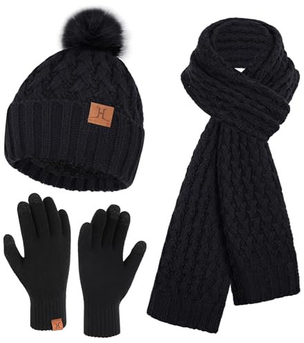 Winter Damen Mütze mit Bommel Lange Schal Touchscreen Handschuhe Set Warm Beanie Wintermütze Strickmütze Fleece Gefütterte Winterhandschuhe Schals für Damen Frauen Geschenk, Schwarz