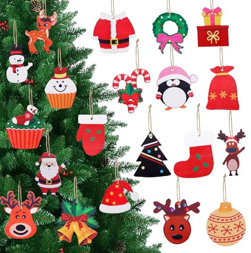 Kiiwah 20 Pcs Holzanhänger Weihnachten, Christbaumschmuck Holz Weihnachtsanhänger mit Schnur, Weihnachtsbaum Schmuck Lustig, Mehrere-Muster
