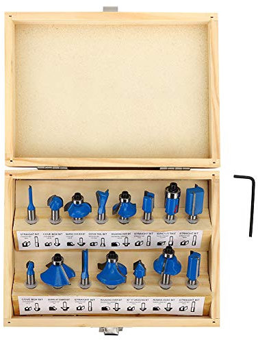 1/4 Router Bit Sets 15pcs Router Bit Set Woodworking Router Trimmer Hardware Accessory YG8 Tungsten Carbide Blade 1/4-Inch Universal Handle, for Routing, Shaping, Grooving