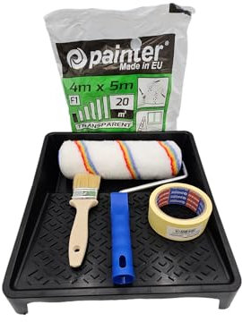 MiG-met - Malerset Wandfarbe - Pinselset - Farbroller Multicolor aus Microfaser 25 cm, Malerpinsel 50 mm, Farbwanne 33x34 cm, Malerfolie 4x5 m, Malerband Breite 38 mm, Länge 25 m