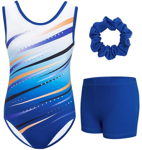 Gogokids Ärmelloses Gymnastiktrikot-Set für Mädchen, dreiteilig mit Shorts und Haargummi, Kinder Gymnastik Outfits mit Aushöhlen & überkreuztem Design, Glitzer Ballett-Einteiler für Alter 3-12