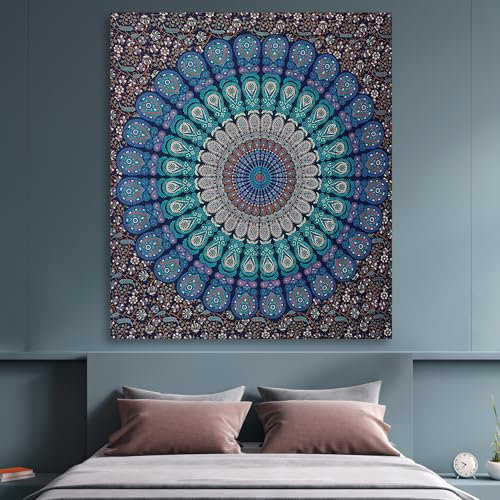 FURNISHFUL FINESSE Mandala Wandteppich Marineblau Wandbehang Wandteppiche Boho Pfau Wandtuch für Dekor Zuhause und Wohnzimmer– 127 x 152 cm