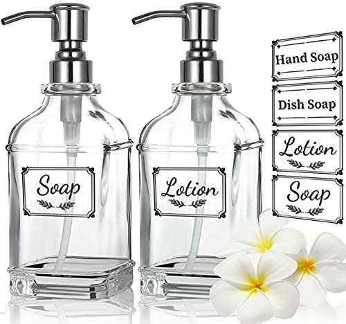 2 Pack Versatile Glass Soap Dispenser Bottle with Pump, 12 Oz Dripless Stainless Steel Pump Bottle, Refillable Liquid Hand Jar Dispenser for Bathroom, Countertop, Kitchen with 8 Waterproof Labels
